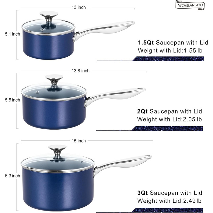 Набір каструль Michelangelo з керамічним покриттям, 1.5л, 2л, 3л, з кришкою, з нержавіючої сталі, синій, для плити та духовки
