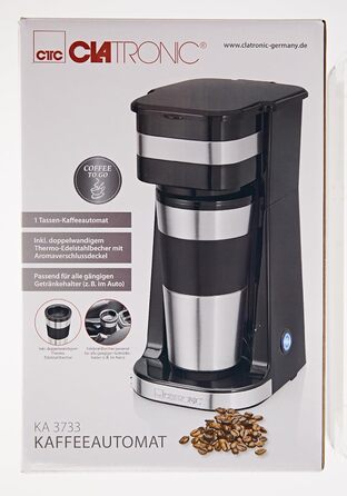 Кавоварка Clatronic з кухлем Coffee To Go 400 мл Підходить для всіх поширених підстаканників (наприклад, автомобільних) Кавоварка з фільтром з кухлем з нержавіючої сталі та кришкою для аромату Кавоварка мала KA 3733 Classic