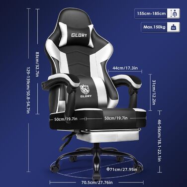 Ігровий крісло, ергономічний офісний стілець з телескопічною підніжкою, підголівник та підтримка попереку, регульований та поворотний, 150 кг, білий