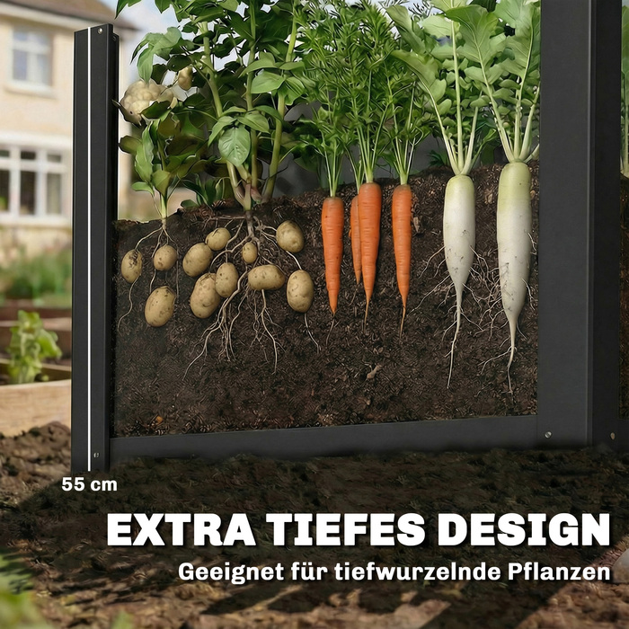 Підвищений грядка з відкритим дном, комплект з підсилюючими рейками та рукавичками, 102 x 52 x 55 см, Чорний