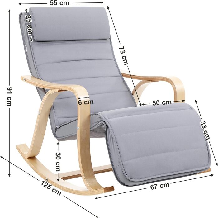 Крісло-гойдалка SONGMICS з берези, сіре, з регульованою підніжкою, бавовняний чохол, до 150 кг