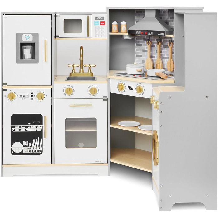 Дитяча дерев'яна кухня Mamabrum XXXL з LED-підсвічуванням та аксесуарами: мікрохвильова піч, посуд, столові прибори. Ігровий набір для дітей 3+