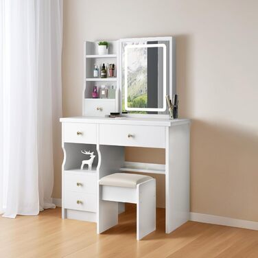 Дзеркальний туалетний столик з LED-підсвічуванням та пуфом, 6 ящиків, 3 полиці, сучасний дизайн, дерево, білий (T68)
