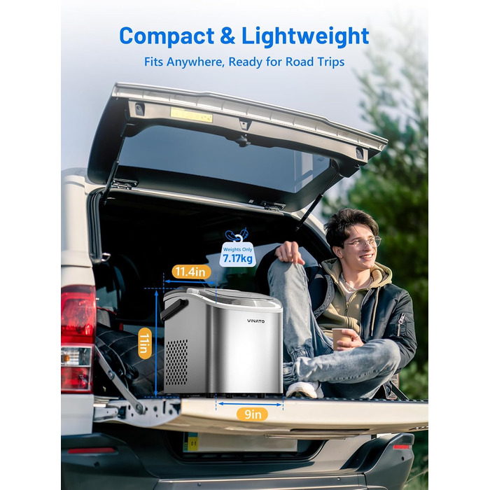 VINATO Льодогенератор портативний для дому та офісу, 12 кг/24 год, срібний. Швидке виробництво льоду (6-8 хв), з лопаткою та кошиком.