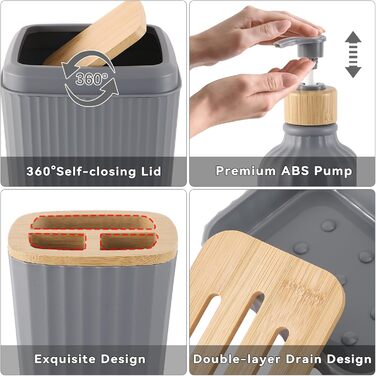 Набір для ванної кімнати 17 предметів: аксесуари, смітник, дозатори мила, тримач для зубних щіток, дерев'яні гачки (сірий). Підходить для ванної та кухні