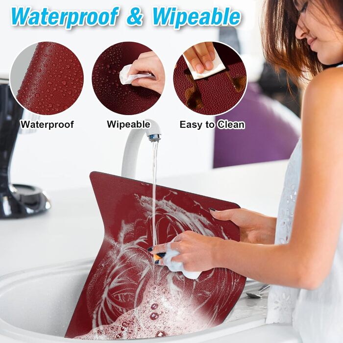 Набори підставки під тарілки, 6 шт, ефект шкіри, миючі, 43x30 см (червоний/сірий)