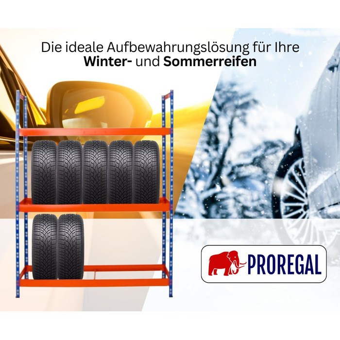 Стелаж для шин PROREGAL Tiger XL: 200x180x45 см, 300 кг навантаження, до 21 шини (205/55 R16), блакитно-помаранчевий, для майстерні, складу, підвалу