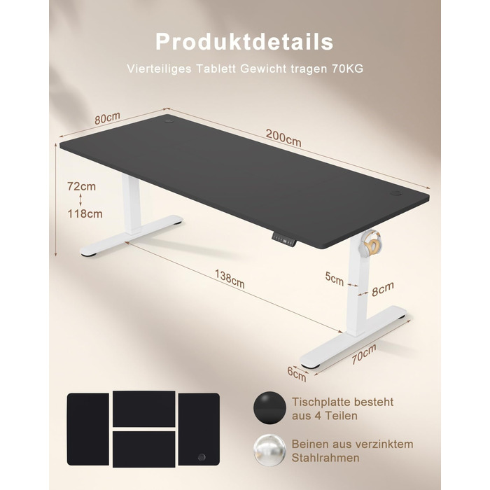 Стіл для роботи стоячи та сидячи, регульований по висоті, 160x80 см, з USB зарядкою, 3-позиційна пам'ять, антиколізійна система, комп'ютерний стіл, чорний+білий
