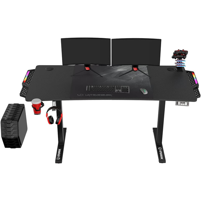 ULTRADESK Стол для роботи з регулюванням висоти V2 - електричний, 140x68 см, для геймінгу, офісу, дому - з XL-килимком для миші (чорний)