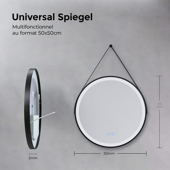 Круглий дзеркало для ванної кімнати з підсвіткою 60см, LED, регулювання яскравості, сенсорне управління, чорна рама, знімна стрічка, 3 кольори світла