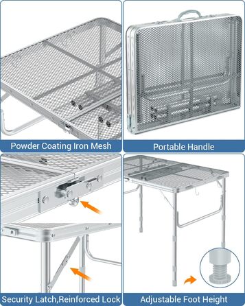 Розкладний стіл для кемпінгу, алюмінієвий кемпінговий стіл 90x60 см Максимальне навантаження 31,8 кг, Кемпінговий стіл регулюється по висоті (40 см, 60 см і 70 см) для пікніка Гриль Приготування їжі Сад Піші прогулянки (срібло)
