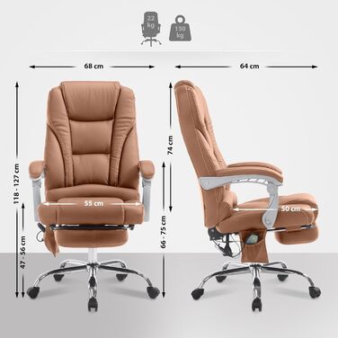 Офісне крісло CLP Pacific Leatherette, масажне, ергономічне, поворотне, підставка для ніг, регульований, світло-коричневий