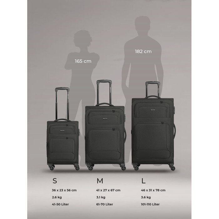 Набір валізак Smartbox (3 шт.) для жінок та чоловіків | Легкі та міцні валізи-ролери, розширювані, з кодовим замком, 4 колеса, чорний колір
