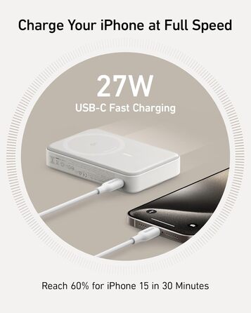 Вт MagSafe Powerbank, 10 000 мАг, дисплей і підставка, включаючи кабель USB-C (білий), 15