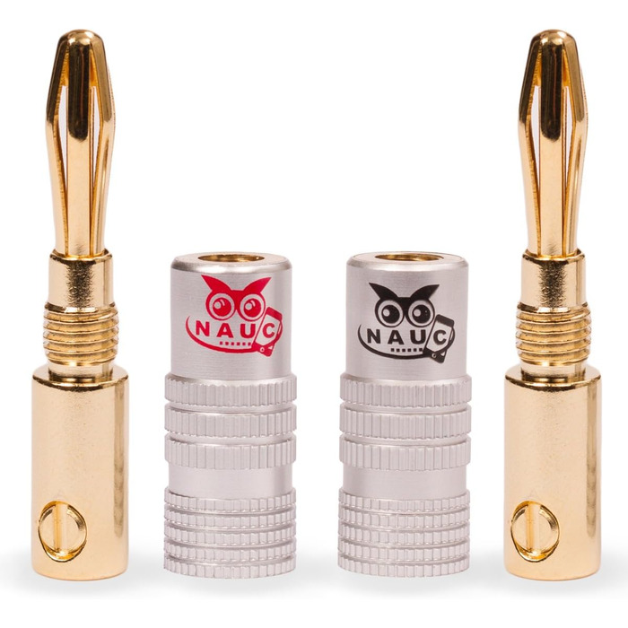 Штекер NAUC High End Banana Plug 32 шт. (16 пар) для кабелів до 6 мм, 24K позолочений, паяний/гвинтовий, чорний/червоний