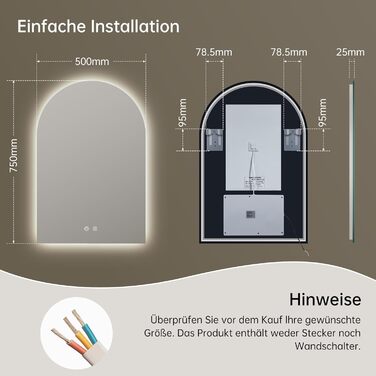 Дзеркало для ванної кімнати OUMUSU з підсвічуванням, 50x75 см, без рами, арочне, антизапотівальне, сенсорне керування, диммування, 3 кольори світла