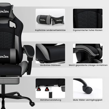 Ігровий крісло SUKIDA з підніжкою, ергономічний, для геймінгу та офісу, сірий
