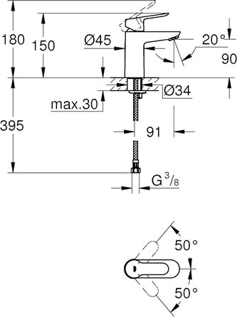 Змішувач для ванної кімнати GROHE BauEdge, водозберігаючий, хром, 15 см, з керамічним картриджем