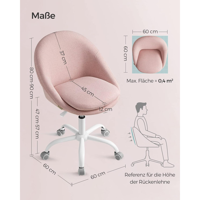 Крісло SONGMICS для офісу та дому, крісло для макіяжу, регульоване по висоті, з м'якою оббивкою, для робочого кабінету або спальні, кремово-біле (пастельно-рожеве, Sherpa-тканина)
