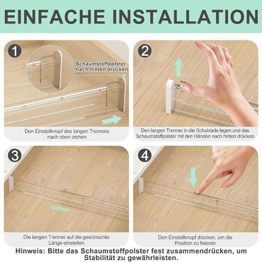 FUNIZE Регульовані роздільники для ящиків з вставками, 8 шт., роздільники 32-58 см + 16 шт. вставок 9-18 см, Органайзер для ящиків, Кухня, Спальня, Офіс, 6 см висота