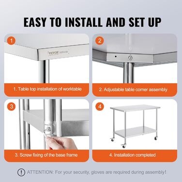 Стол з нержавіючої сталі VEVOR 90x60x85 см, з 4 колесами, регульована висота, для приготування їжі, срібний