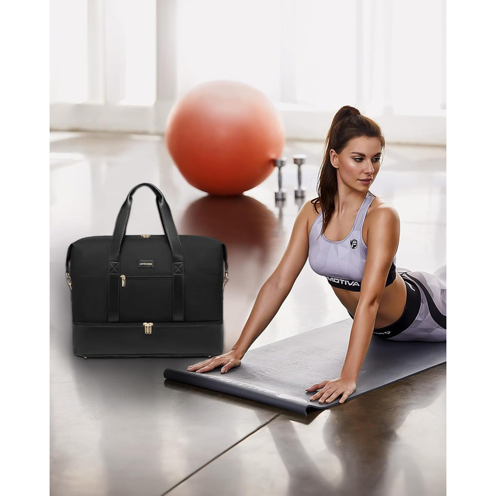 Спортивна сумка LOVEVOOK для жінок, дорожня сумка-валіза, дорожня сумка-мішок, сумка для подорожей, сумка для ручної поклажі в літак, сумка для пологового будинку, сумка для одягу з відділенням для взуття, косметичка, бежево-коричнево-чорна (чорна, 40x20x