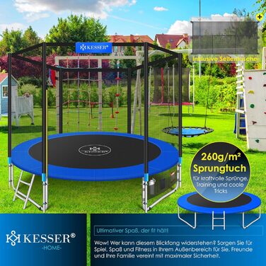 Батут KESSER Ø 427 см з сіткою, драбиною та захисним покриттям – для дітей, до 150 кг, блакитний