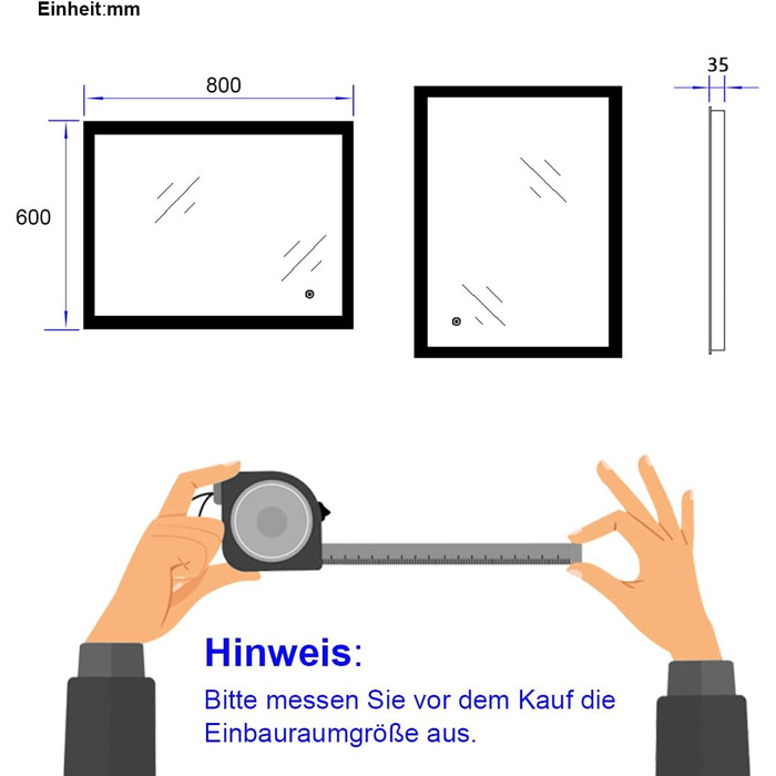 LED дзеркало для ванної кімнати EMKE 80x60 см з підсвічуванням, холодним білим світлом, сенсорним вимикачем, IP44, енергозберігаюче