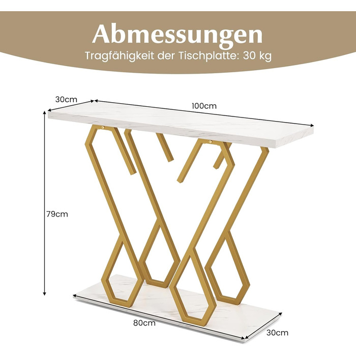 Консольний столик COSTWAY, ефект мармуру, металевий каркас у формі метелика, золото білий, 100x30x79 см