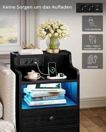 Нічний столик IRONCK з LED-підсвічуванням, розеткою та функцією зарядки, з ящиками, чорний