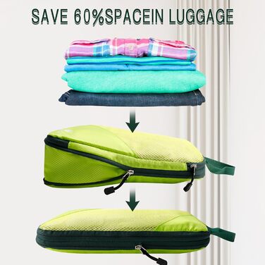 Набір компресійних органайзерів для одягу в дорогу AiQInu, 5 шт. — ультралегкі сумки-пакувальники для валізи з мішком для взуття та білизни, розширювані, зелені