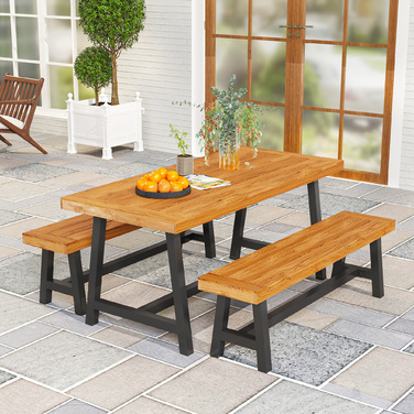 Outsunny Seating Group Дерев'яний обідній набір з 3 предметів на 4 особи в планці Обідній стіл з 2 лавками Обідній гарнітур з дерев'яним столом Набір кухонних столів Балконні меблі Садові меблі для тераси, балкон Тик