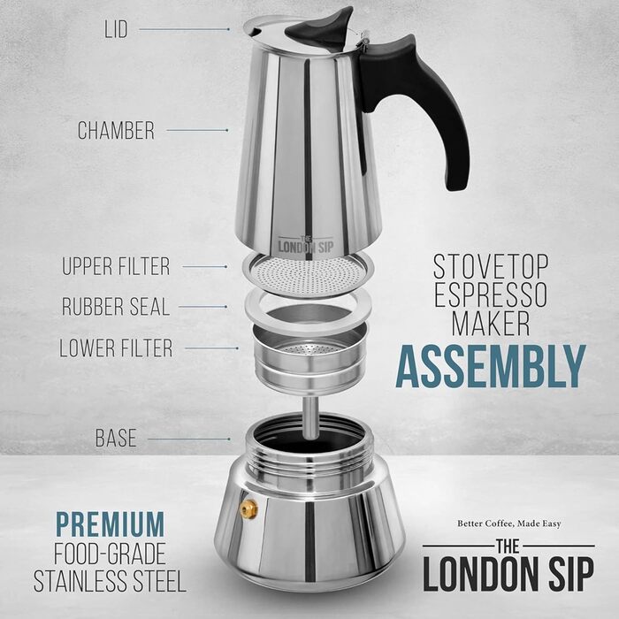 Кавоварка гейзерна London Sip Induktion, 300 мл, нержавіюча сталь, чорна, для 10 чашок