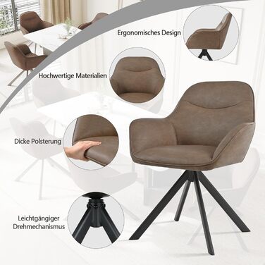 Обідній крісло з підлокітниками, набір з 6 обертових крісел, крісло для кухні, офісу, м'яке крісло з поліестеру та металевими ніжками, спинкою (6 шт., темно-коричневий)