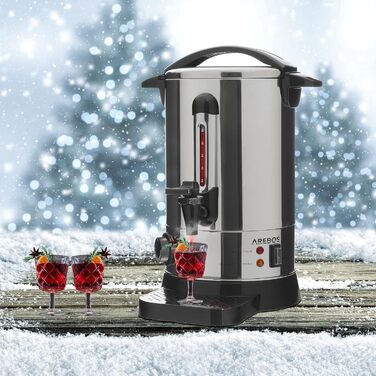 Електричний глінтвейнер Arebos 950 Вт | Диспенсер гарячих напоїв, 6.8 л | З піддоном, краном, термостатом та захистом від перегріву | Регулювання температури 30-110°C, сріблястий