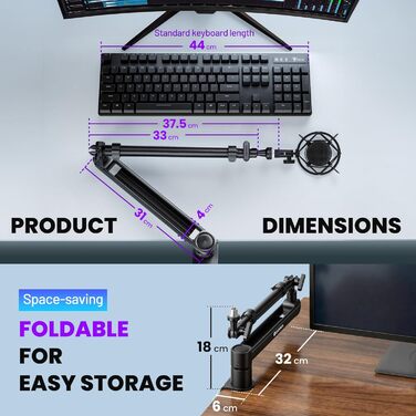 CAHAYA Мікрофонний стійкий кронштейн Boom Arm Professional: Регульований мікрофонний кронштейн з подовжувачем, дизайн під монітор для стрімінгу та запису, вантажопідйомність до 2.5 кг