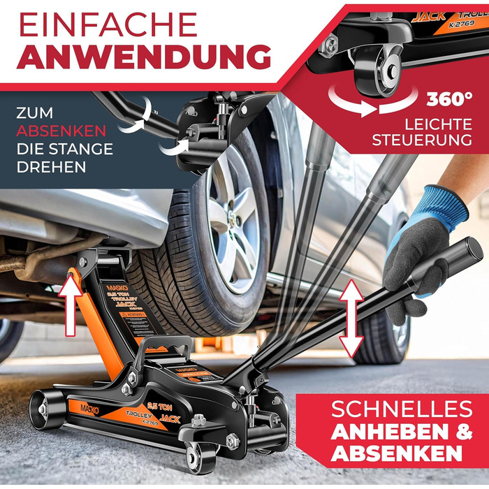Гідравлічний домкрат MASKO 3T з низьким профілем 85-460мм, 3 гумові накладки, для автомобілів SUV, 360° колеса, рукавички в комплекті, підставка для ремонту (до 2.5 тонн, помаранчевий)