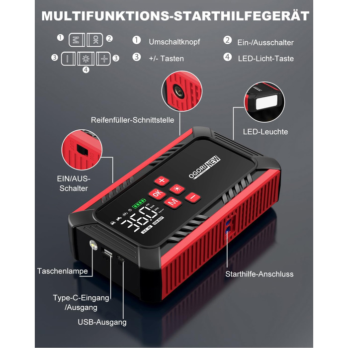 Powerbank для автомобіля з компресором 150 PSI, 7000A, 12V, 8L/10L (бензин/дизель), LED-ліхтарик