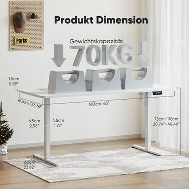 Регульований стіл Sweetcrispy з підставкою для монітора, електричний, ергономічний, стоячи/сидячи, комп'ютерний, vintage, білий, 160 x 60 см