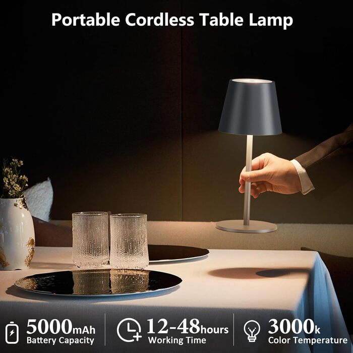LED настільна лампа Lundwa з акумулятором, 26 см, 5000 mAh, 3W, 3000K, IP54, для кемпінгу, ресторану, спальні, бару (1 шт.)