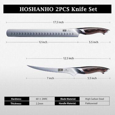 Набір кухонних ножів HOSHANHO 7 предметів: професійний набір з японської сталі з високим вмістом вуглецю, ультрагострі ножі з ергономічними ручками з паккавуда (2 ножі для обробки м'яса)