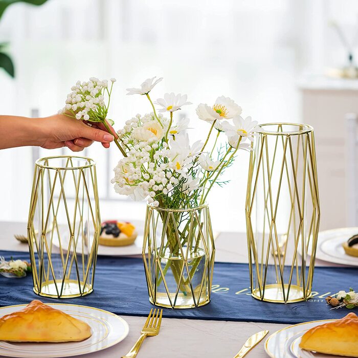 Маленька ваза для пампасної трави Сучасні вази для прикраси весільного столу, геометрична декоративна ваза, скляна ваза для квітів для вітальні, Тюльпани, квіти, Троянда, висотою 16 см (XS S L, золото)