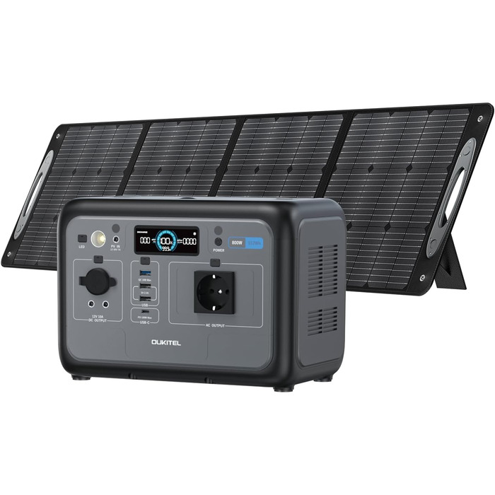 Портативна електростанція OUKITEL 800W з сонярним генератором та акумулятором LiFePO4 512Wh, 1600W пікова потужність, USB A/C виходи, швидка зарядка, 6 кг для кемпінгу, подорожей та активного відпочинку (P800+100W)