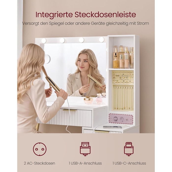 Дзеркальний туалетний столик VASAGLE з пуфом та 10x збільшенням, LED-підсвічуванням, ящиками та станцією для зарядки, 40 x 110 x 135 см, білий