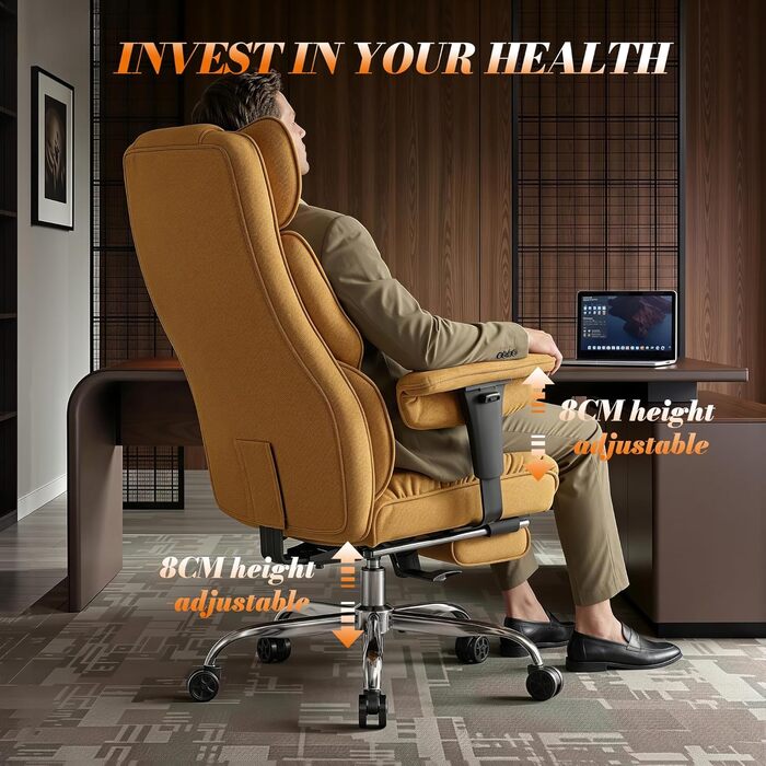 Ергономічний офісний крісло Efomao XXL до 200 кг, жовтий: з підставкою для ніг, висока спинка, товста м'яка оббивка для дому та офісу