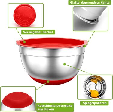 Набір салатниць TEAMFAR 6 шт. з нержавіючої сталі з кришками та силіконовими ніжками, 0.7L/1.5L/1.6L/2.5L/2.8L/4.6L