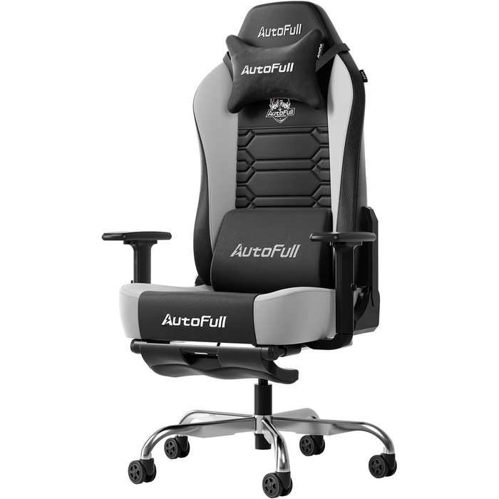 Ігровий крісло AutoFull C3: ергономічний дизайн, 2D підлокітники, підставка для ніг, подушки для голови та попереку, чорно-білий матеріал, 150 кг, комфортний