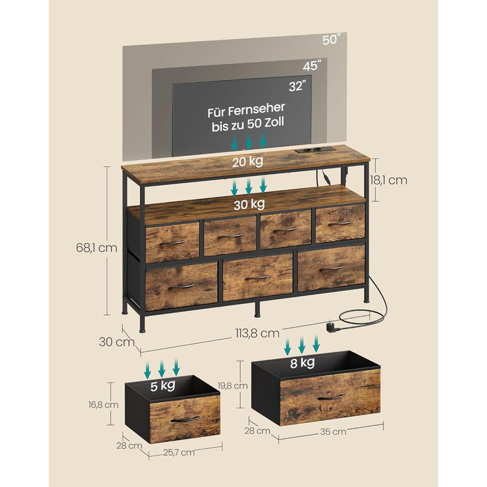 SONGMICS BELLAH: Комод, шафа, LED-підсвічування, тумба з зарядкою, індустріальний стиль, вінтажний коричневий + чорний, 7 ящиків, LGS723KD01