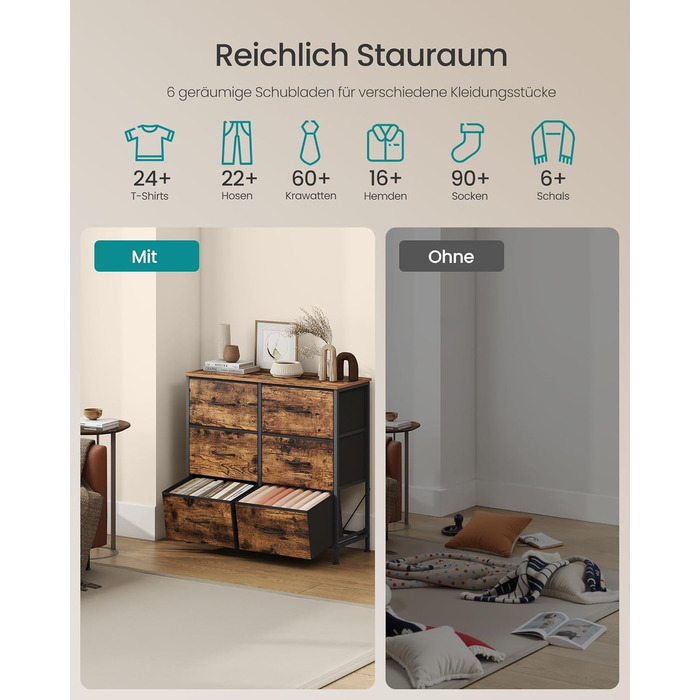 SONGMICS Комод з 8 висувними ящиками, шафа для зберігання, сталь, MDF, флізелін, для спальні, прихожої, вітальні, вінтажний коричневий + чорний, LGS124BH04