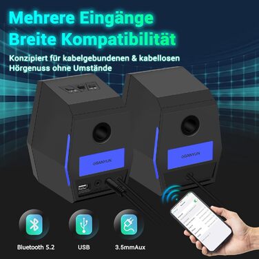 Sanyun SW209 - Комп'ютерні ігрові колонки 36W з RGB-підсвічуванням, Bluetooth 5.2, USB/AUX, 3 режими EQ (Гра/Фільм/Музика)